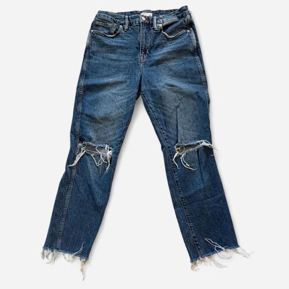 Good American High Rise Straight Leg Jeans Distressed Ripped Blue Wash‎ Size 30